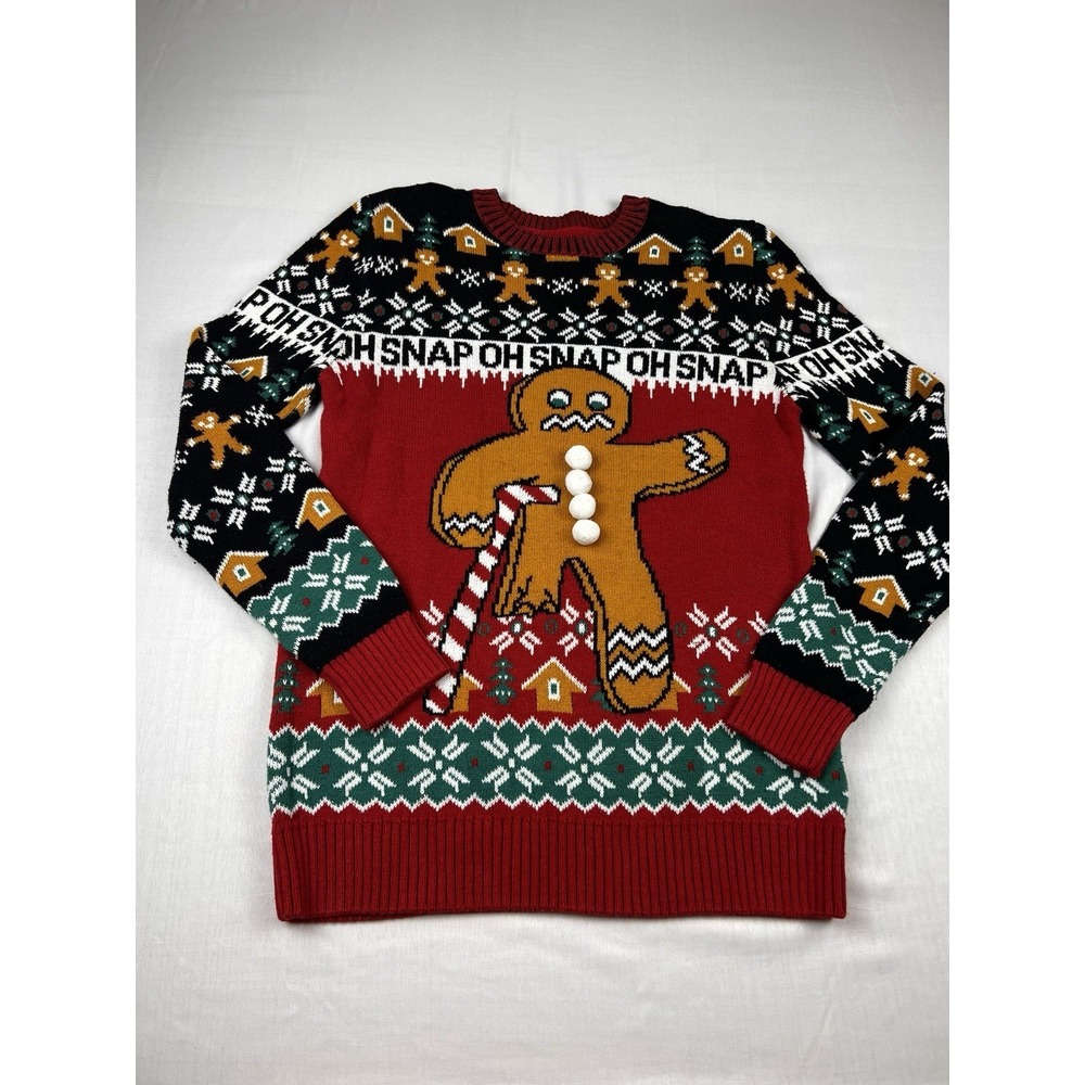Ugly Christmas Sweater Gingerbread Man Holiday Oh Snap Bite Me Funny Unisex Sm